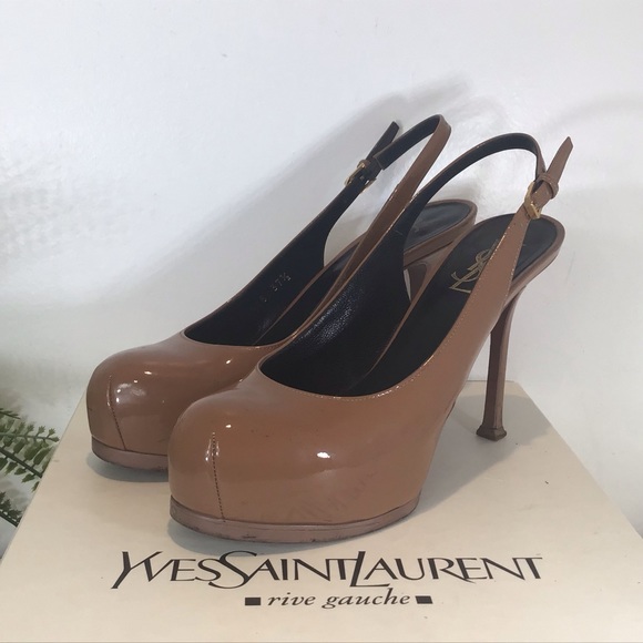 YVES SAINT LAURENT VITELLO VERN PATENT LEATHER SLINGBACK STILETTO HEELS NUDE 7.5 - Picture 9 of 16